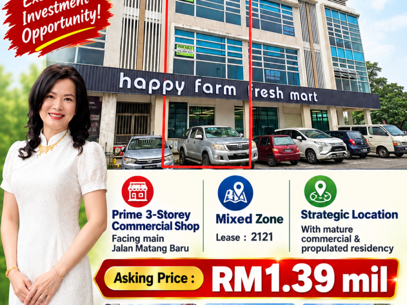 Prime 3-storey Commercial shop facing main Jalan Matang Baru, Kuching FOR SALE